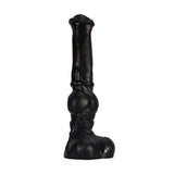 A large 14-inch black PVC horse-inspired dildo featuring a distinct knot design and realistic anatomical detailing