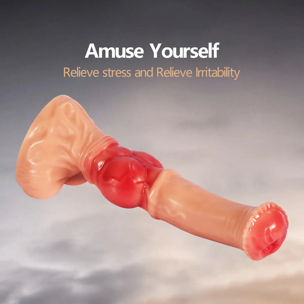 Side-profile shot of a 14-inch gradient horse-style dildo, highlighting its elongated structure, firm knot, and ergonomic base