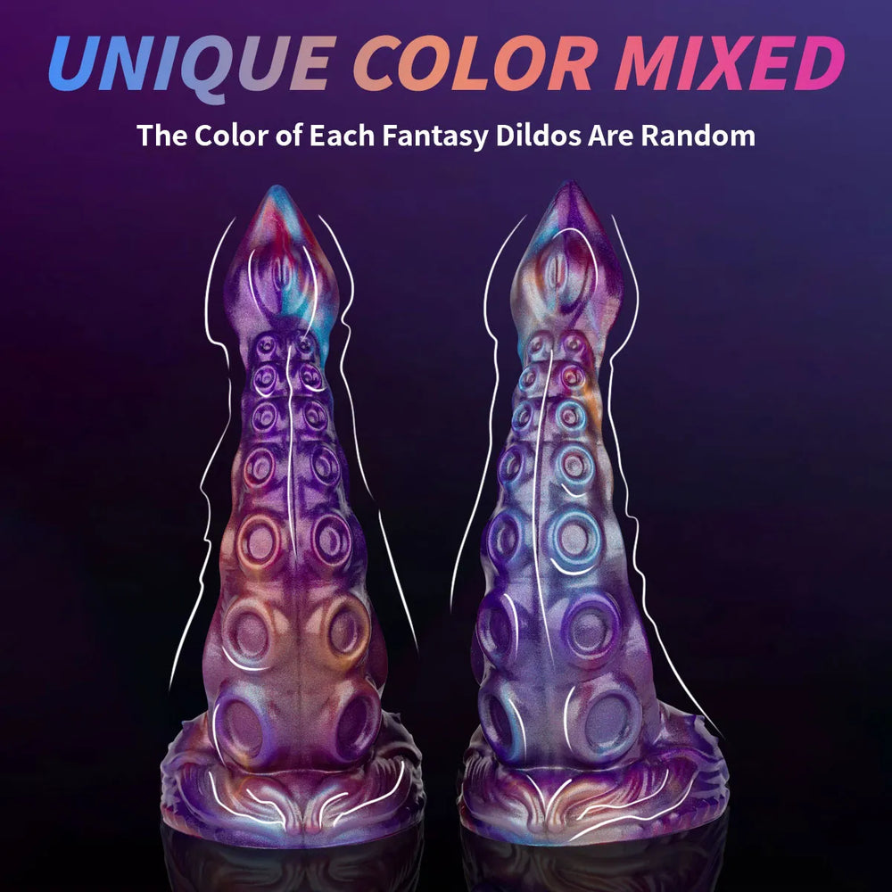 Purple and blue tapered tentacle dildo displayed from two product angles