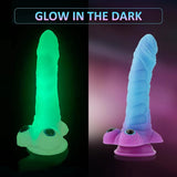 A high-quality 9-inch silicone novelty piece with an intricate, raised texture pattern and a sturdy suction-cup style base
