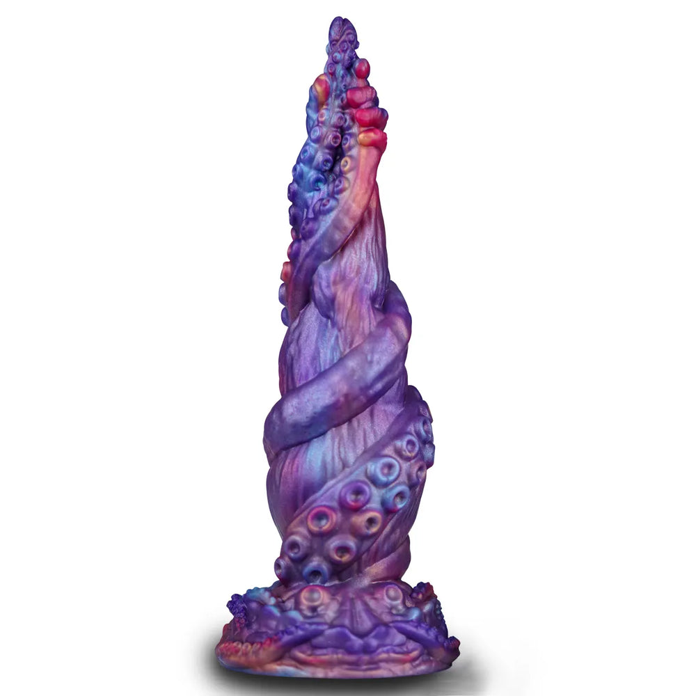 9 inch mixed color spiral tentacle dildo with purple and pink textured detailing