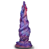 9 inch mixed color spiral tentacle dildo with purple and pink textured detailing