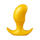 Yellow curved silicone butt plug with a flared base for safety