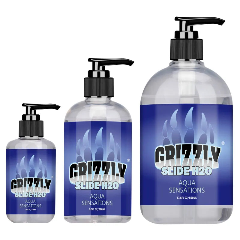 Gentle water based lubricant shown in three pump bottle sizes