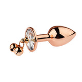 A 3-inch high-polish rose gold intimate plug displayed alongside two smaller progressive sizes