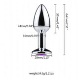 A professional studio photo of premium jeweled metal anal stoppers in three vibrant crystal colors