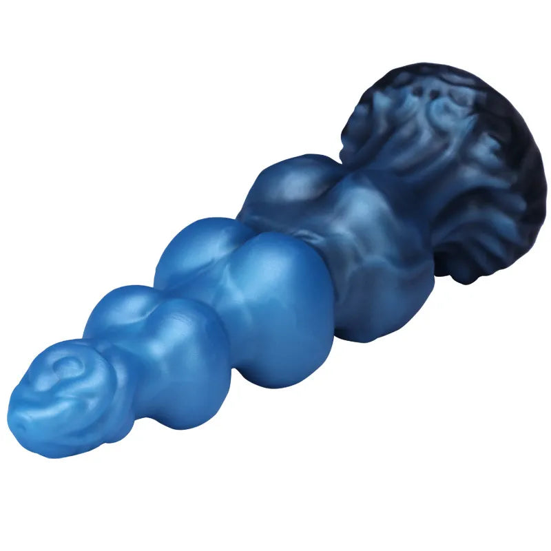 Blue silicone dog dildo with progressive knots and a dark fantasy base