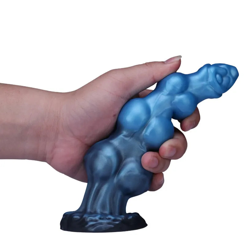 Progressive knot silicone dog dildo with blue finish and detailed base
