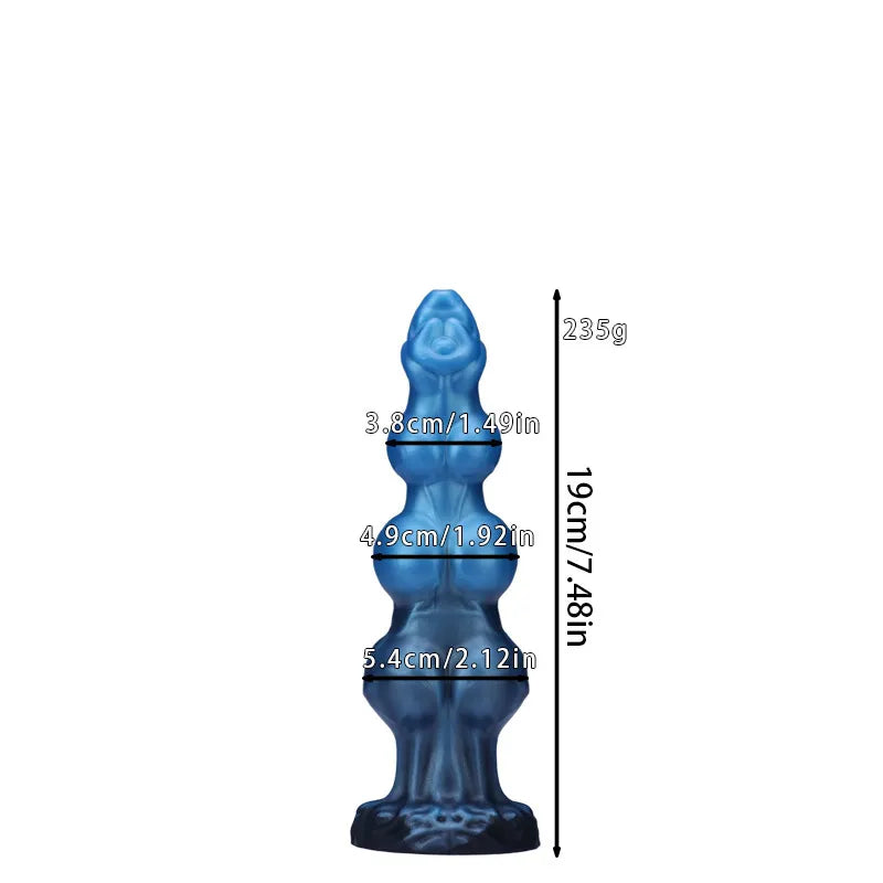 Blue fantasy dog dildo with multiple knot details and a dark base