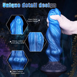 Blue dual density fantasy dildo showcasing a unique double-headed tip and heavily veined texture