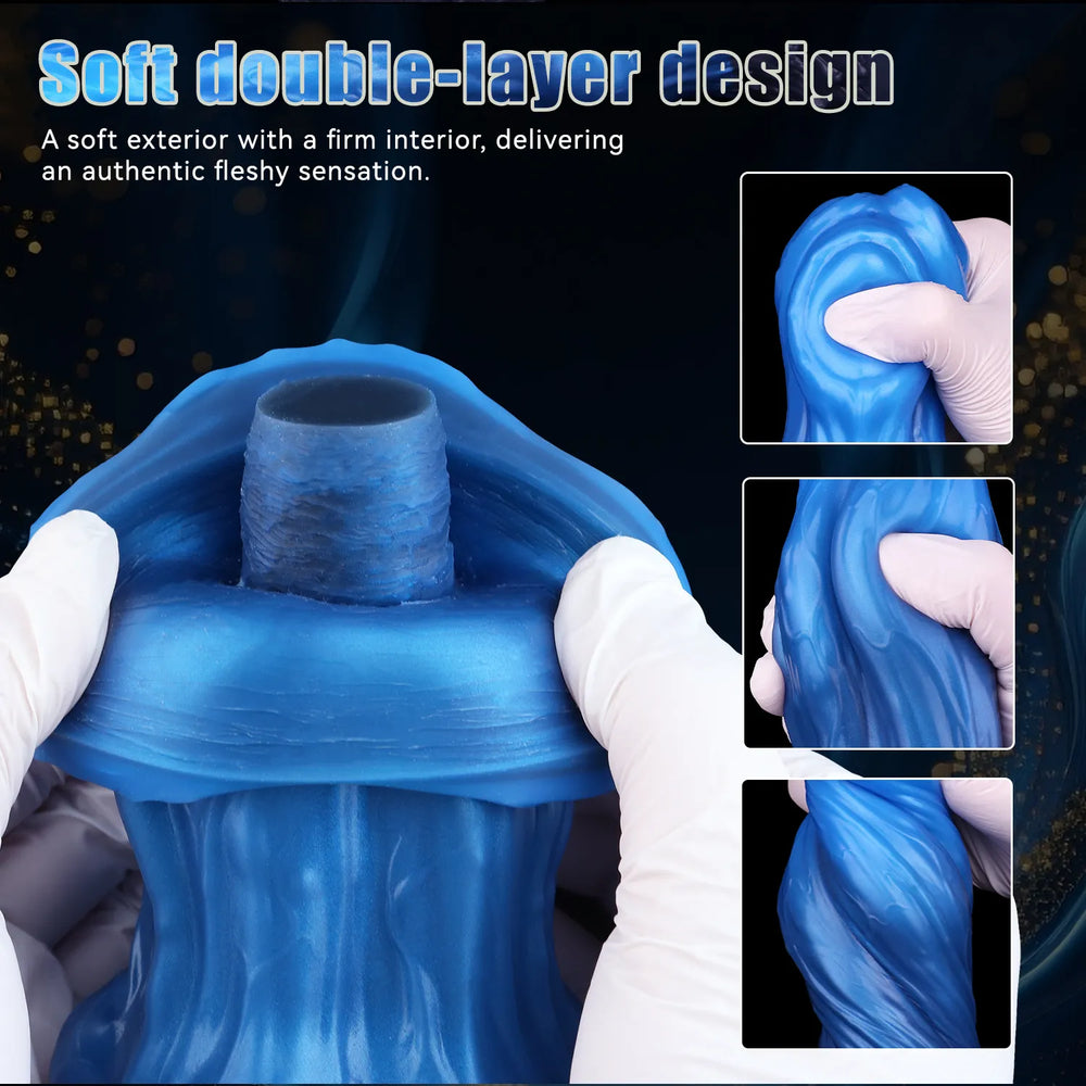 Animal-inspired blue silicone dildo with a textured canine knot and a firm, dark suction base
