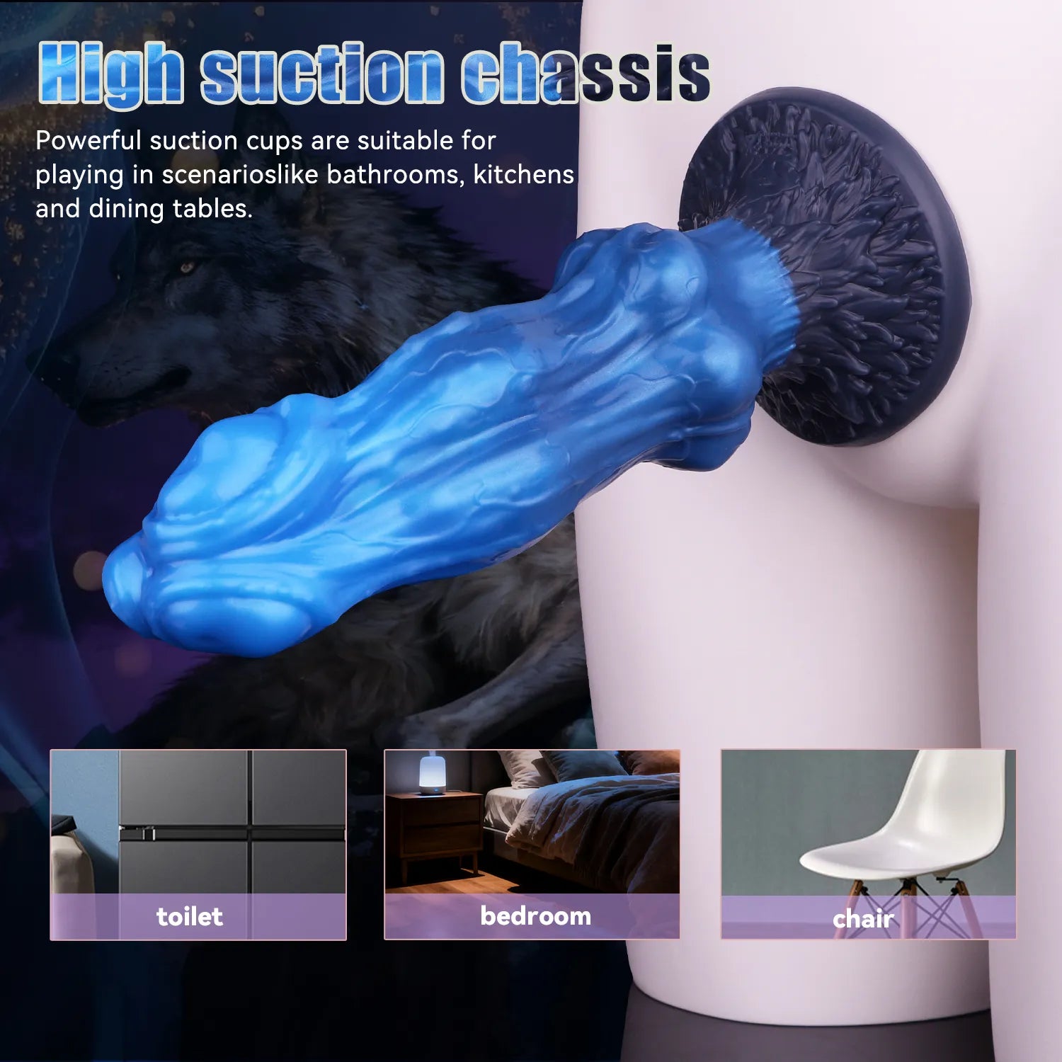 Soft silicone wolf dildo standing upright, highlighting its translucent blue shaft and split-head design