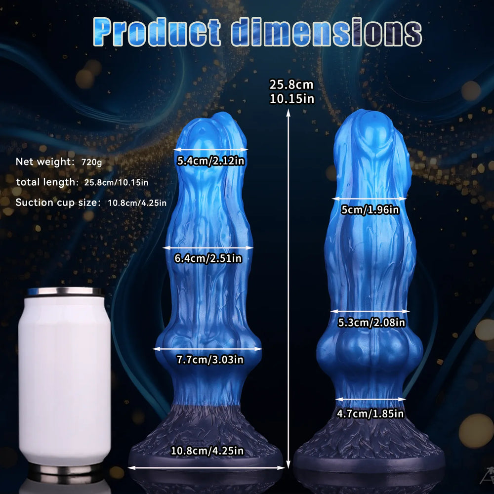 Blue knotted canine dildo with a double-headed tip and a detailed, fur-textured mounting base