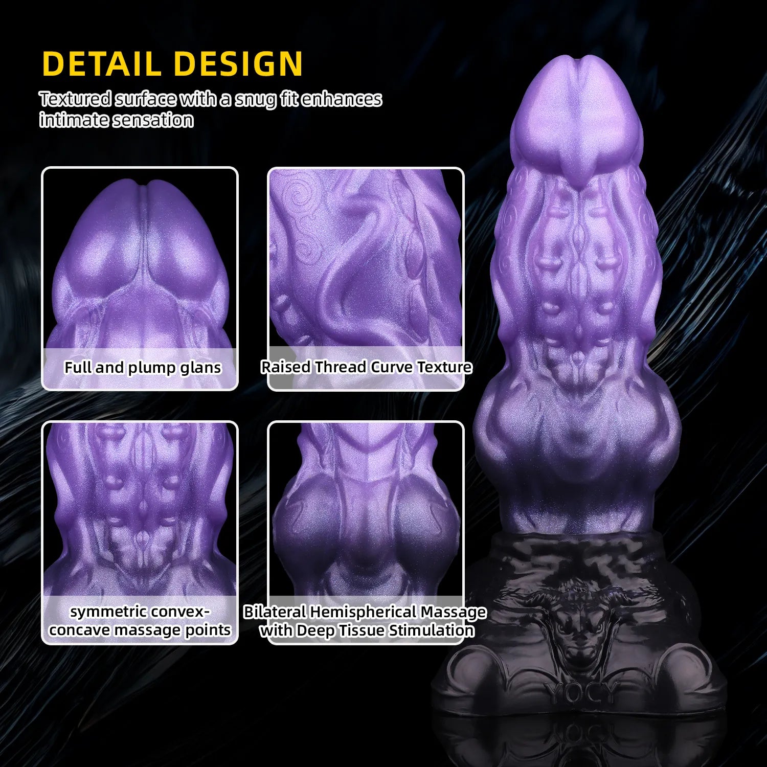 Close-up of a large 10-inch dual-firmness creature phallus showing a glossy metallic-like violet finish