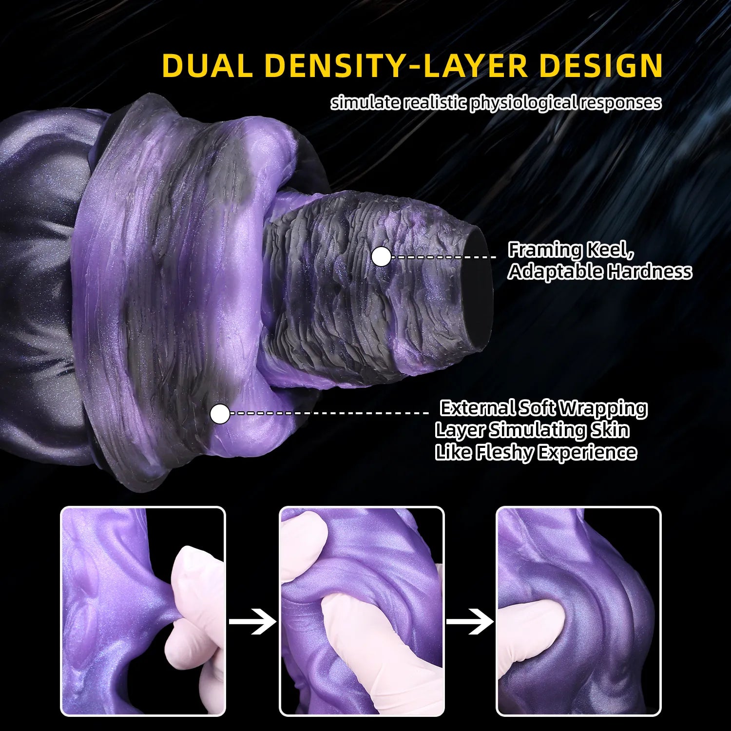 A studio shot of a bi-color iridescent fantasy dragon toy with an extra thick girth and solid black base