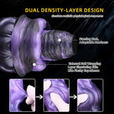 A studio shot of a bi-color iridescent fantasy dragon toy with an extra thick girth and solid black base