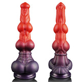 10-inch red and purple gradient silicone dog dildo featuring a giant knot and textured shaft