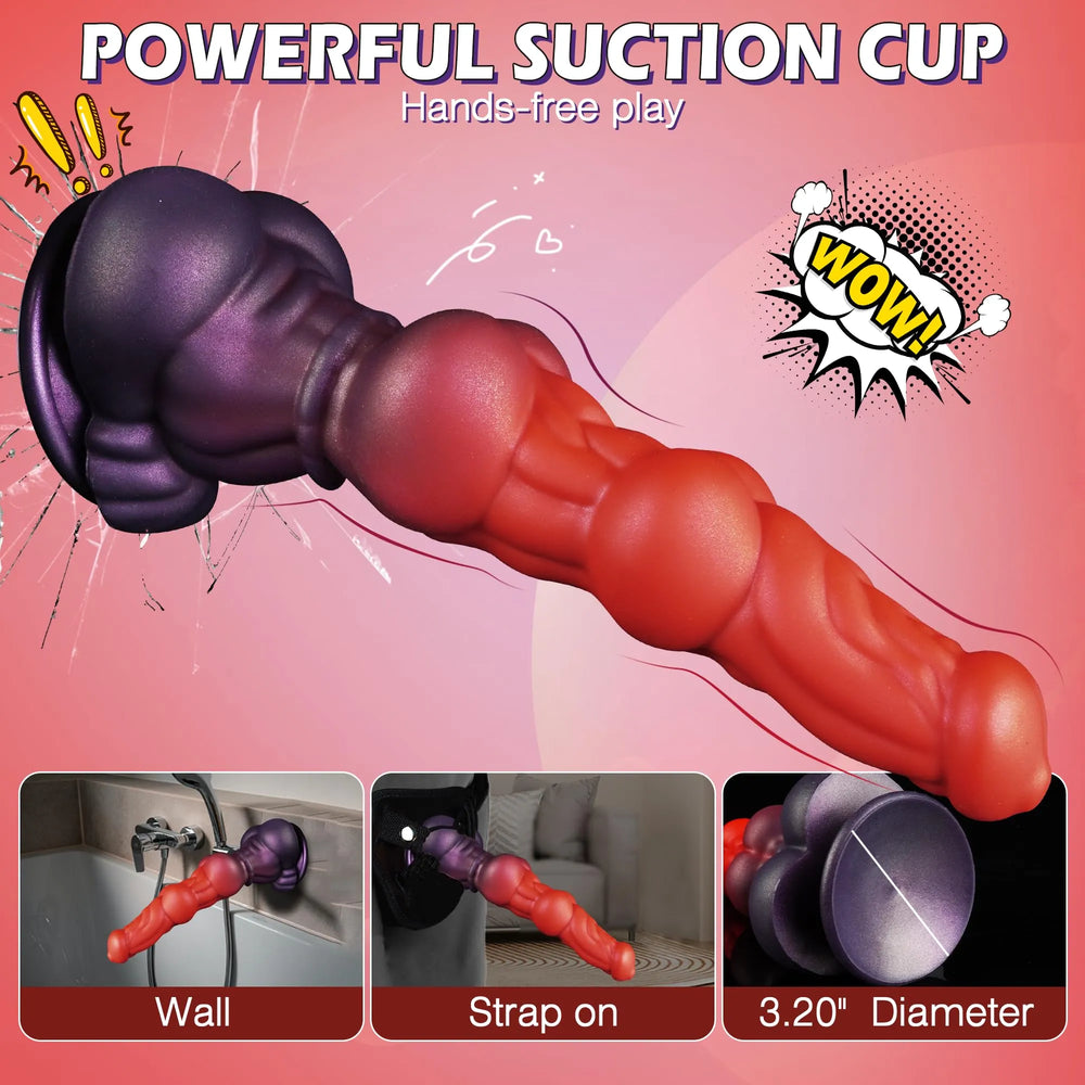 Close-up of the sturdy suction cup base and textured dark purple testicles on the 10-inch animal toy