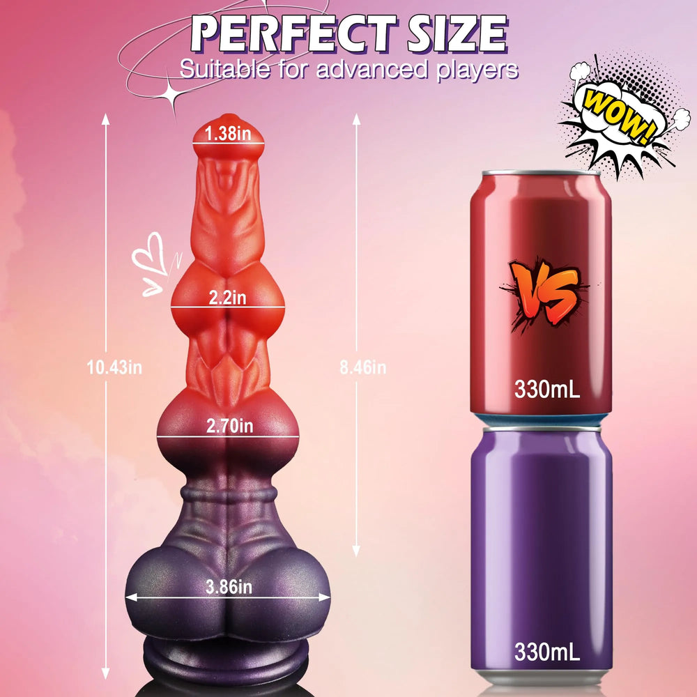 Tapered red canine-style head with prominent ridges on the fantasy silicone dildo