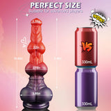 Tapered red canine-style head with prominent ridges on the fantasy silicone dildo