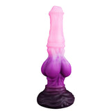 10-inch pink and purple gradient silicone horse dildo with a plump textured base