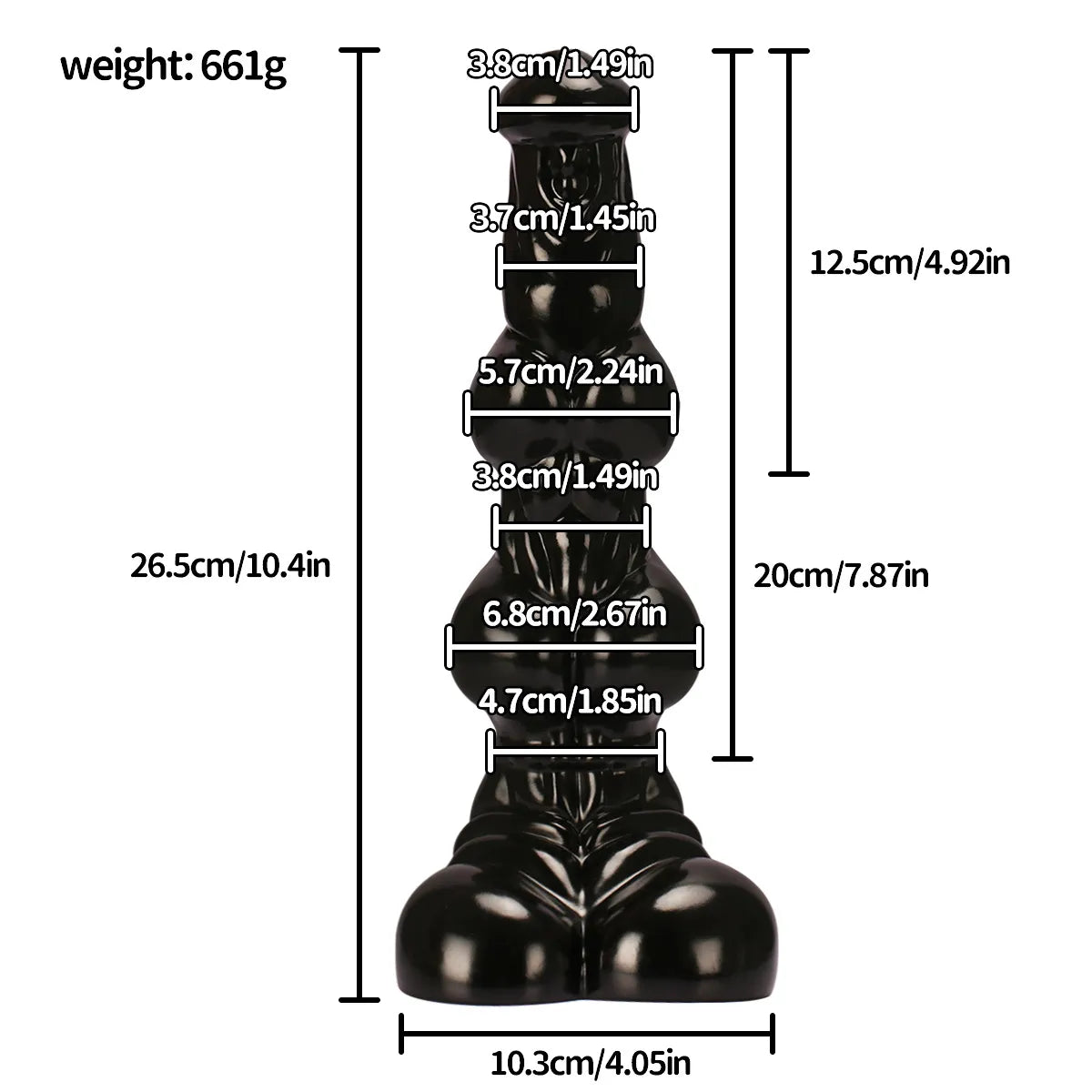 A detailed look at a 10-inch PVC pleasure accessory, emphasizing its structured knot-style surface and stable, wide base