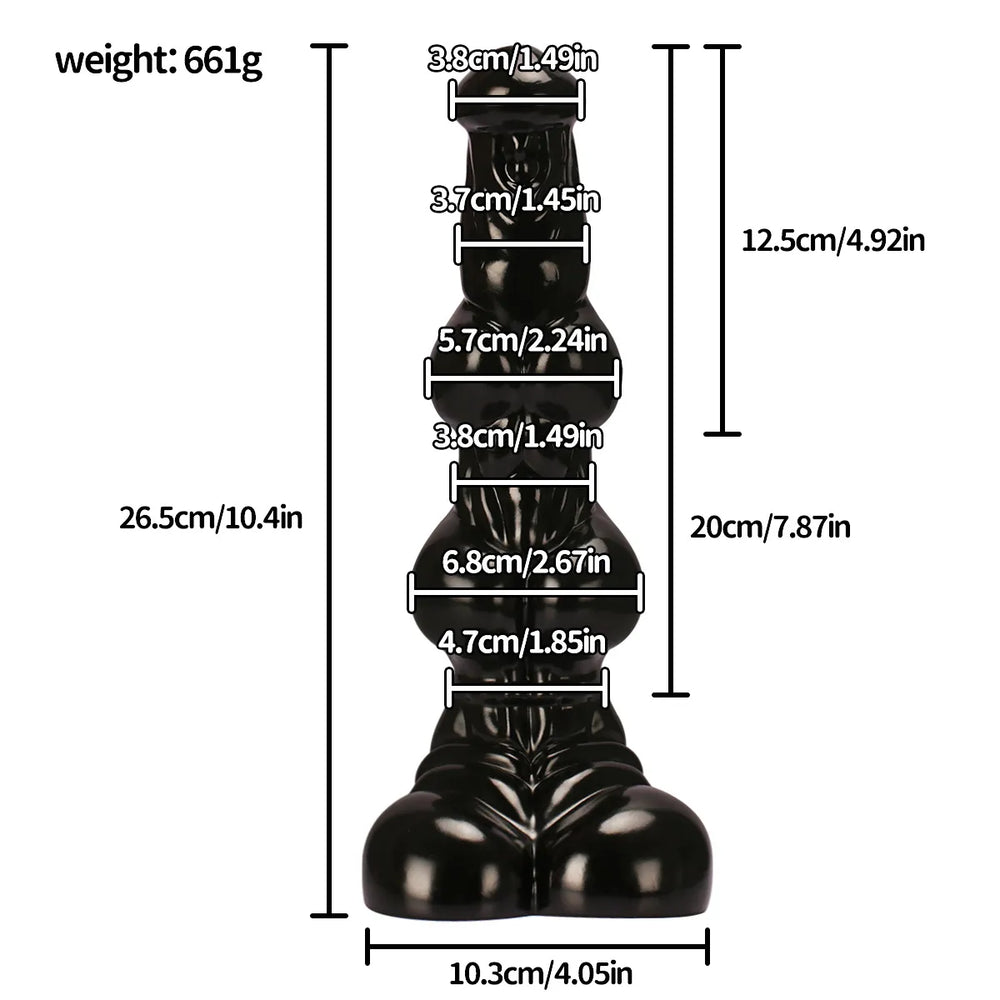 A detailed look at a 10-inch PVC pleasure accessory, emphasizing its structured knot-style surface and stable, wide base