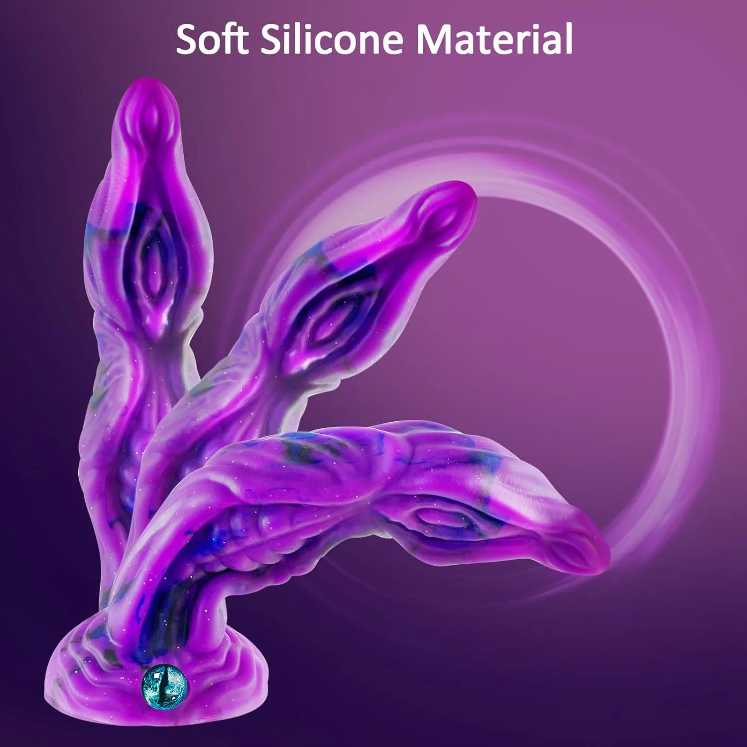 A 10-inch purple silicone novelty item showcasing complex sculptural details and a striking, cyclops-themed base