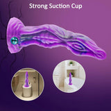 Vertical display of a uniquely shaped purple silicone toy, emphasizing its artistic, alien-inspired surface and premium material.