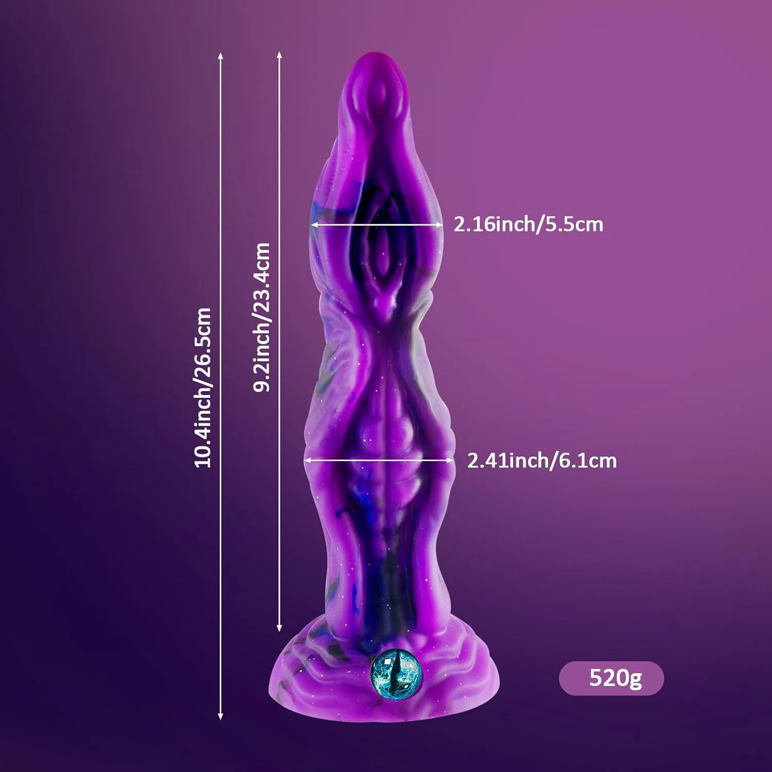 A high-quality purple silicone adult novelty piece designed with organic, sci-fi style textures and a distinct eye-shaped emblem at the base