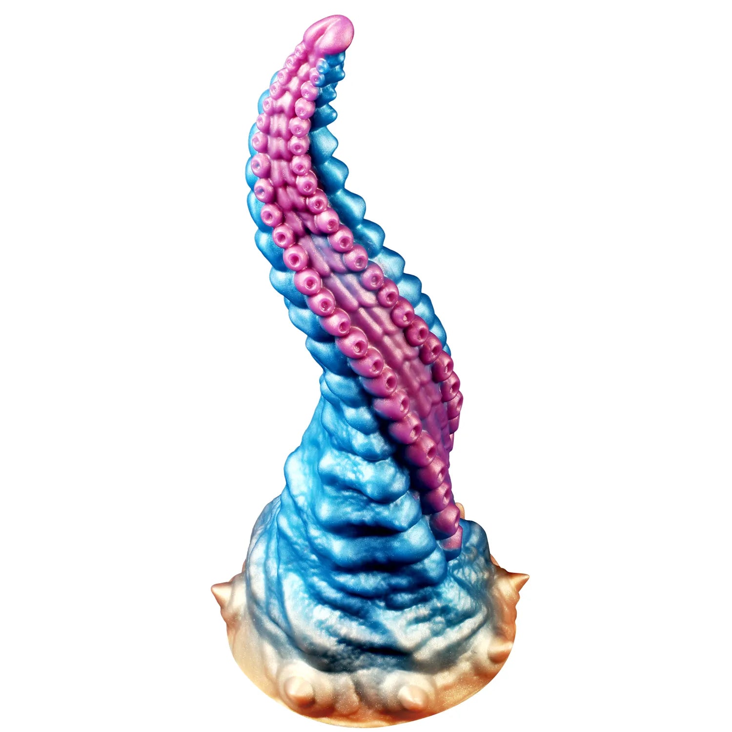 10 inch spiral silicone tentacle dildo with pink suction cup details and blue textured base