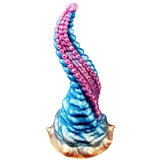 10 inch spiral silicone tentacle dildo with pink suction cup details and blue textured base