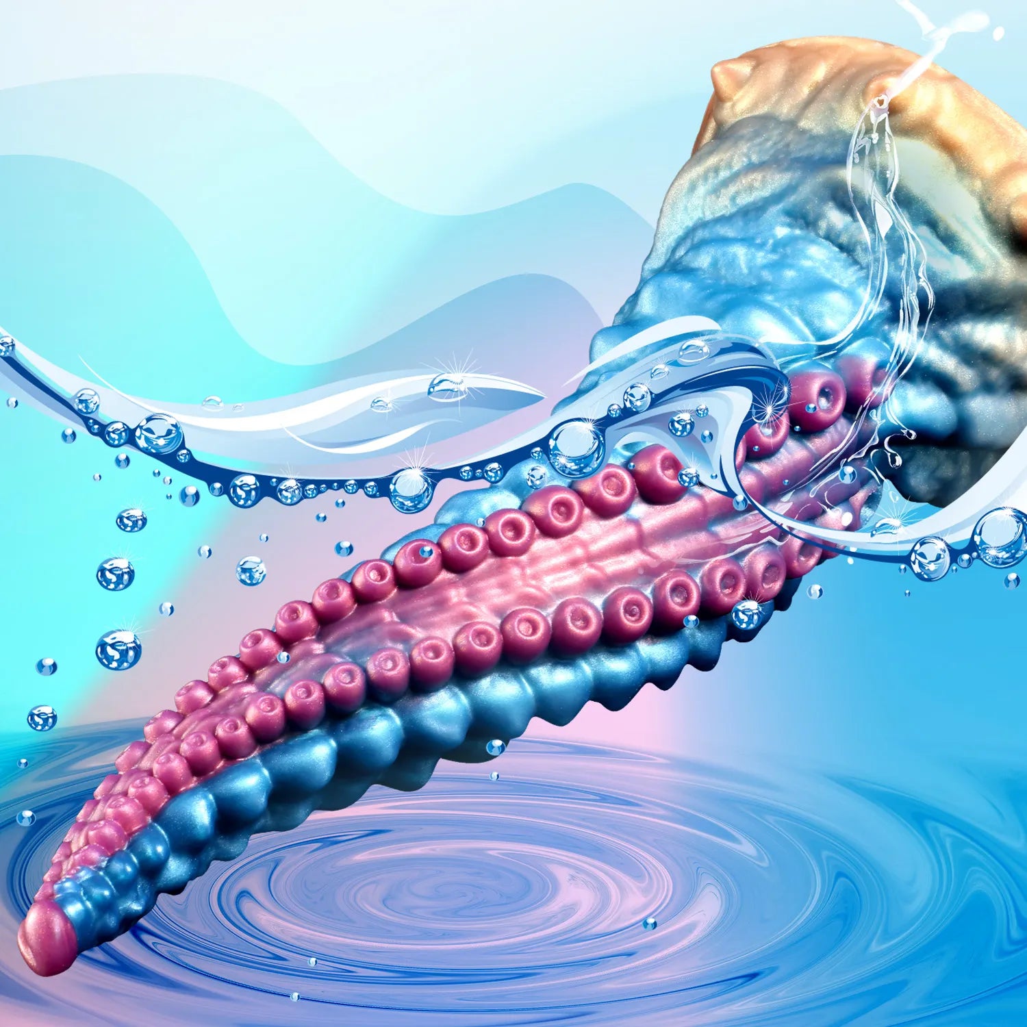 Fantasy silicone tentacle dildo with pink suction cups and sculpted blue body