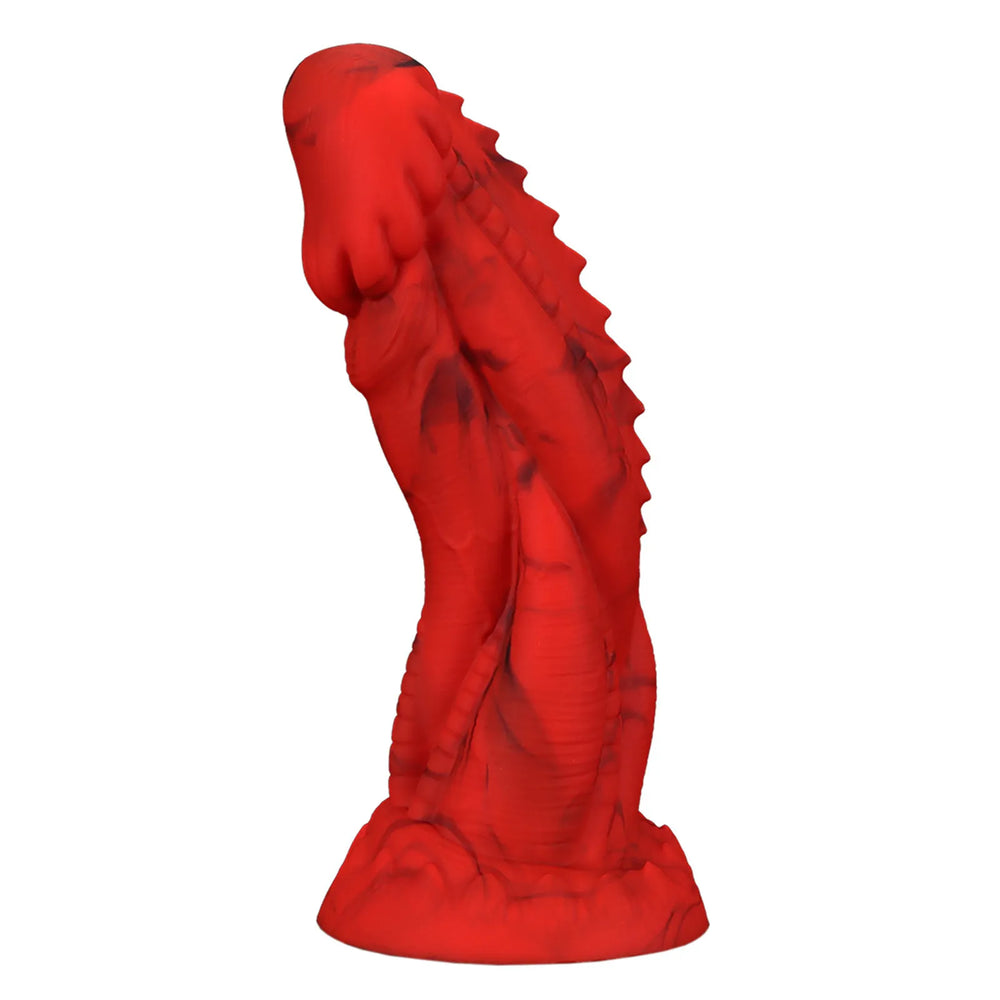 11-inch red silicone dragon dildo with prominent spine texture and dorsal ridges
