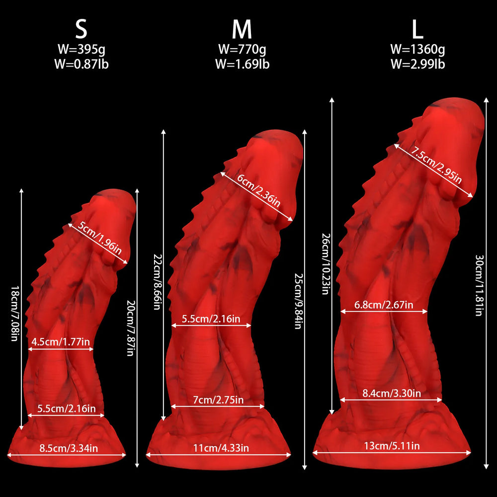 Premium red silicone dragon dildo featuring a unique, ridged spine aesthetic
