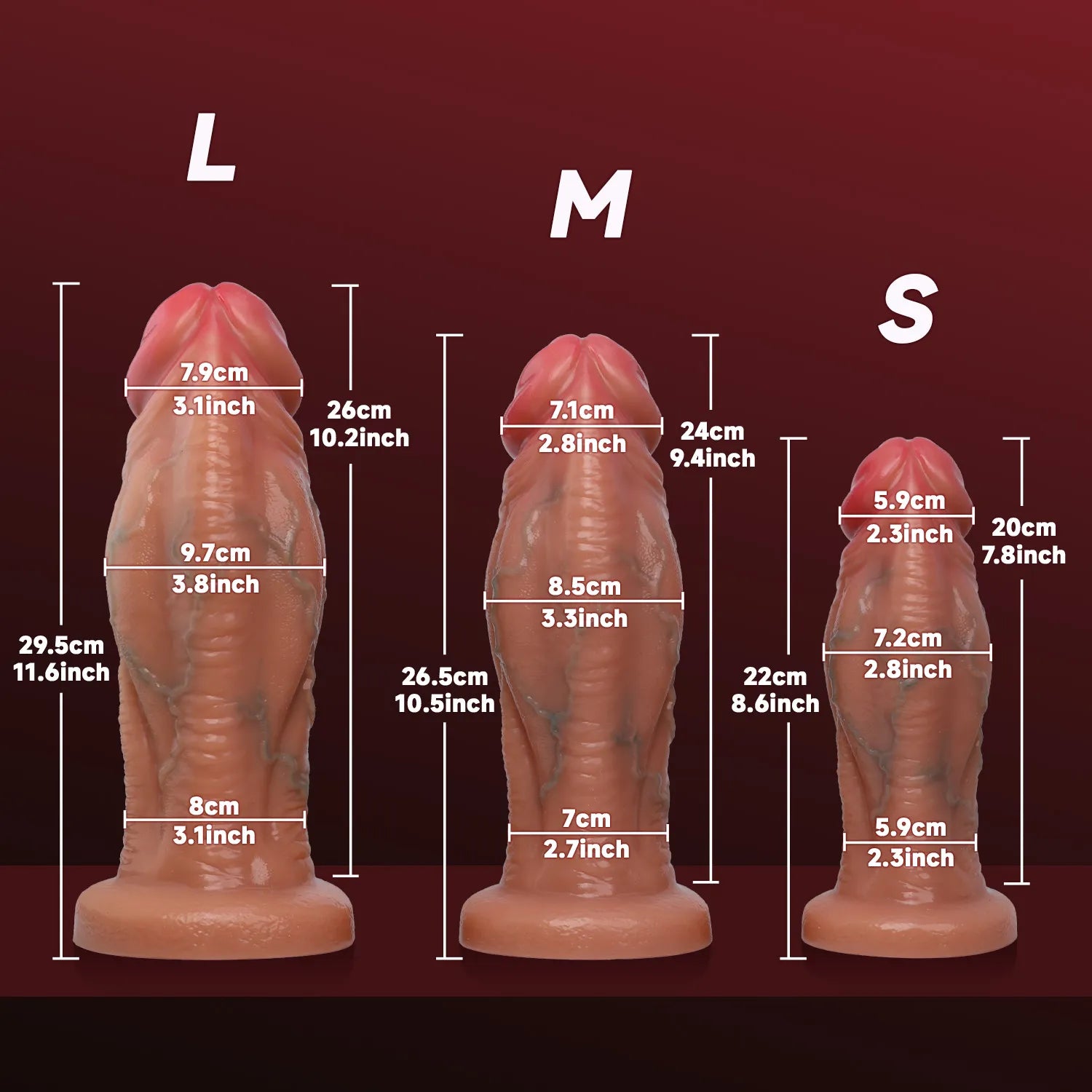Lifelike color transition from the tan silicone shaft to the bright red engorged head
