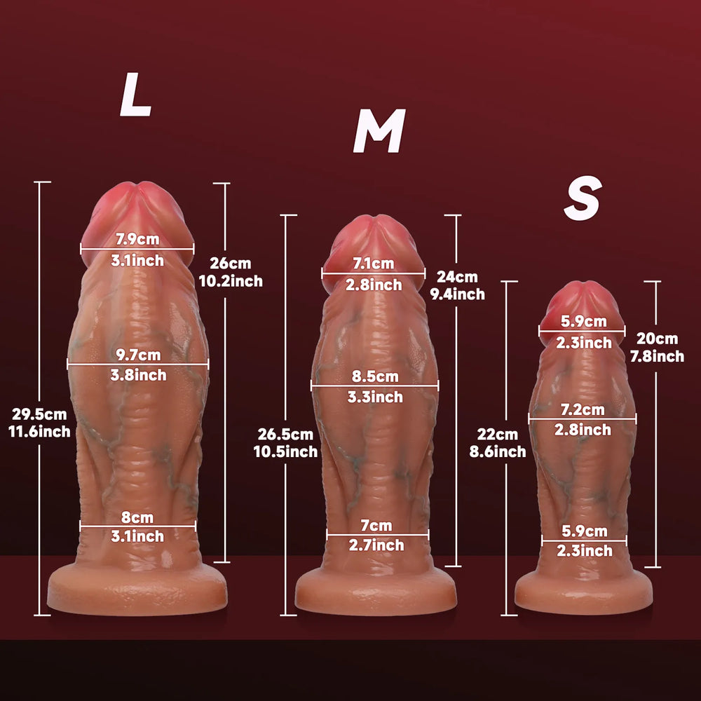 Lifelike color transition from the tan silicone shaft to the bright red engorged head