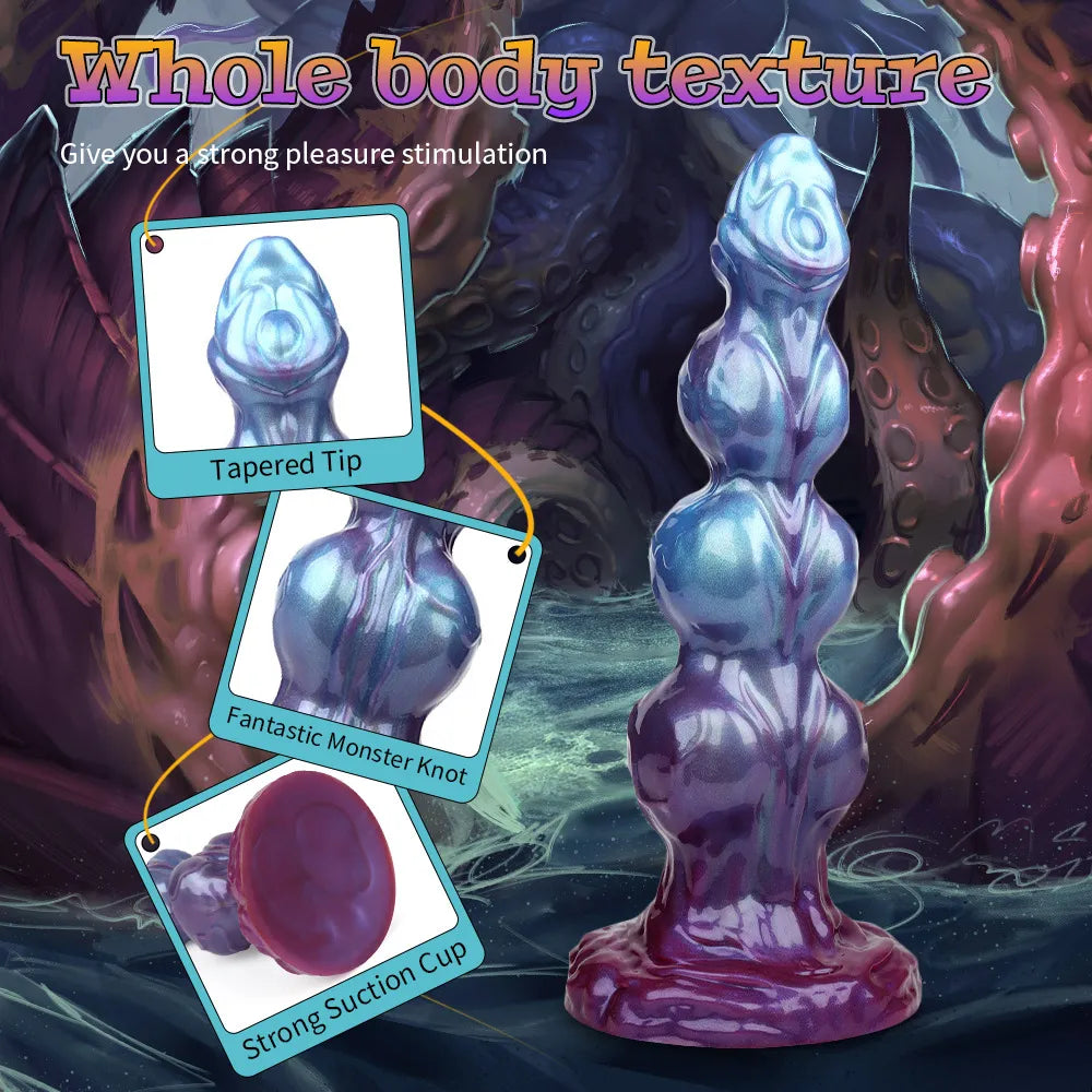 Blue and purple silicone dog dildo with multi layered knots and a gem-like surface