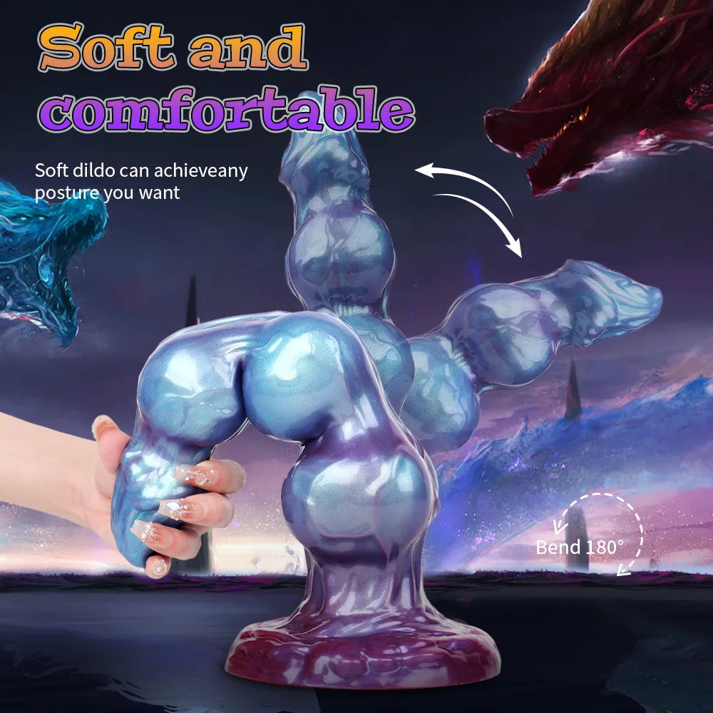 Blue purple fantasy dog dildo with stacked knot details and smooth tapered tip