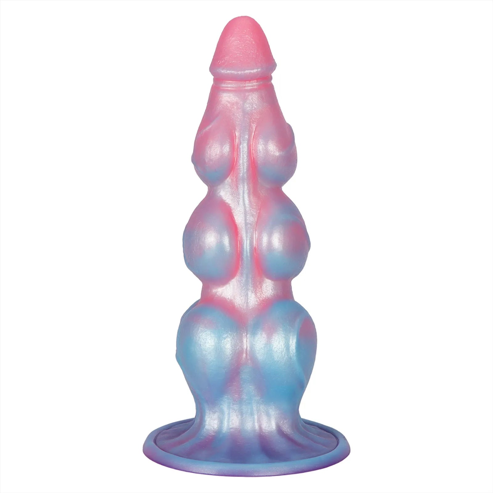 An 11-inch multi-layered silicone dog dildo featuring a vibrant pink and blue gradient marble finish