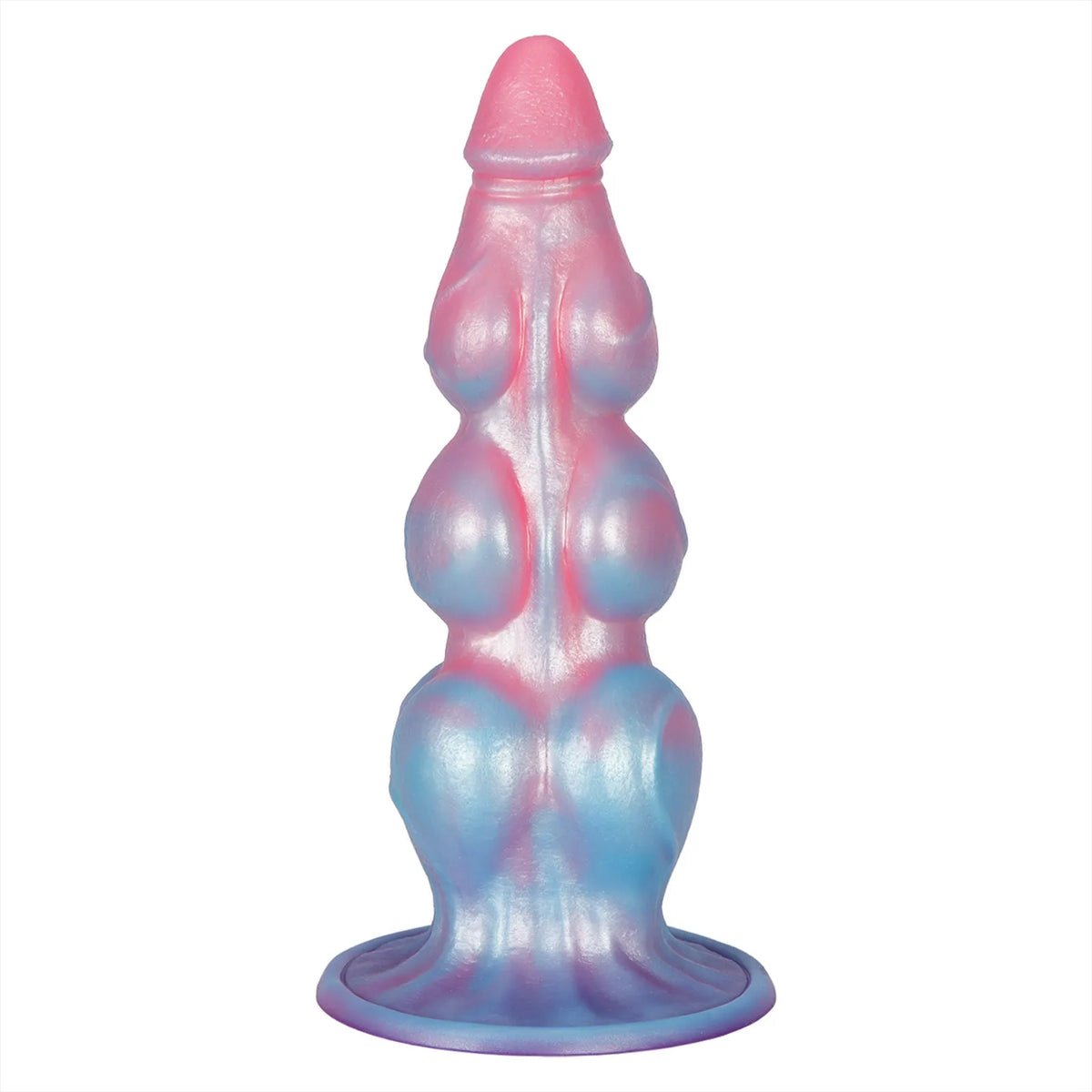An 11-inch multi-layered silicone dog dildo featuring a vibrant pink and blue gradient marble finish
