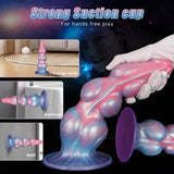 Full-length view of an 11-inch knot-style silicone pleasure toy with distinct, stacked bulbous textures