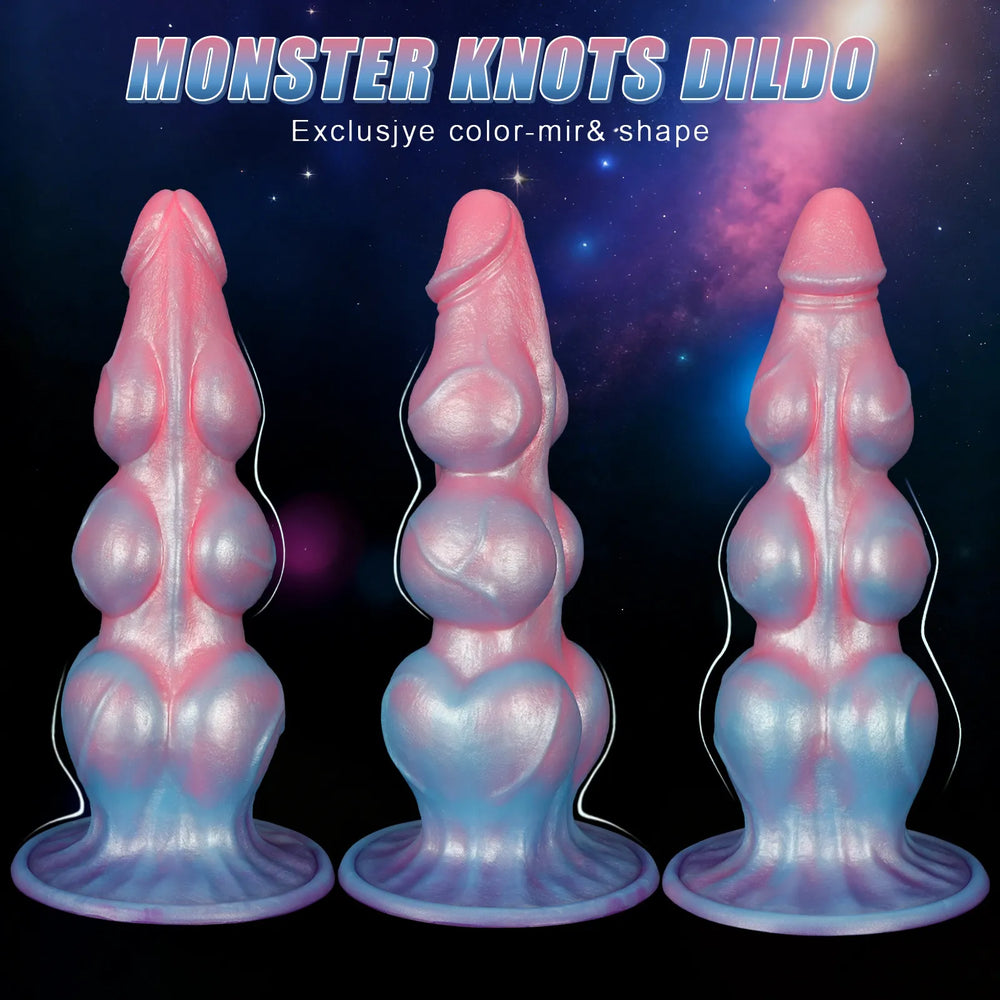 An 11-inch premium silicone dildo in a striking pink and blue color blend, designed for varied stimulation