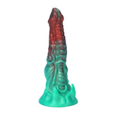 An 11-inch silicone monster dildo featuring a unique red-brown and mint green marbled color scheme