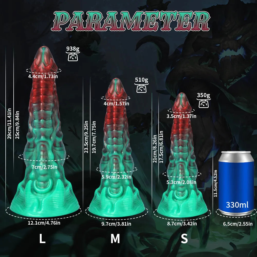 Front view of a heavily ribbed demon phallus showing an intricate spine-like design and a solid base