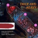 A studio shot of an 11-inch marbled fantasy dildo with a complex, tactile plague-themed design