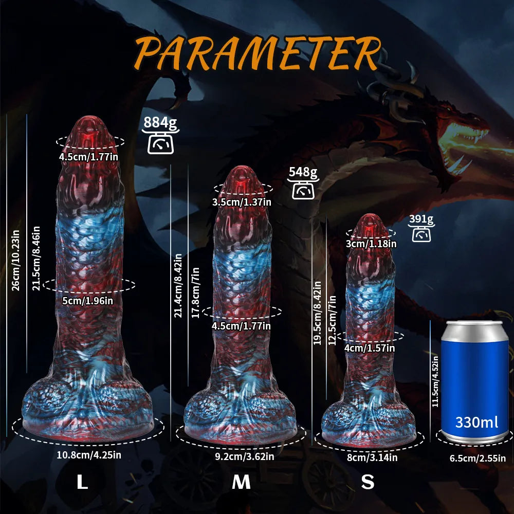 A dark, multicolored fantasy dragon toy with a heavily ribbed shaft and an ergonomic flared base