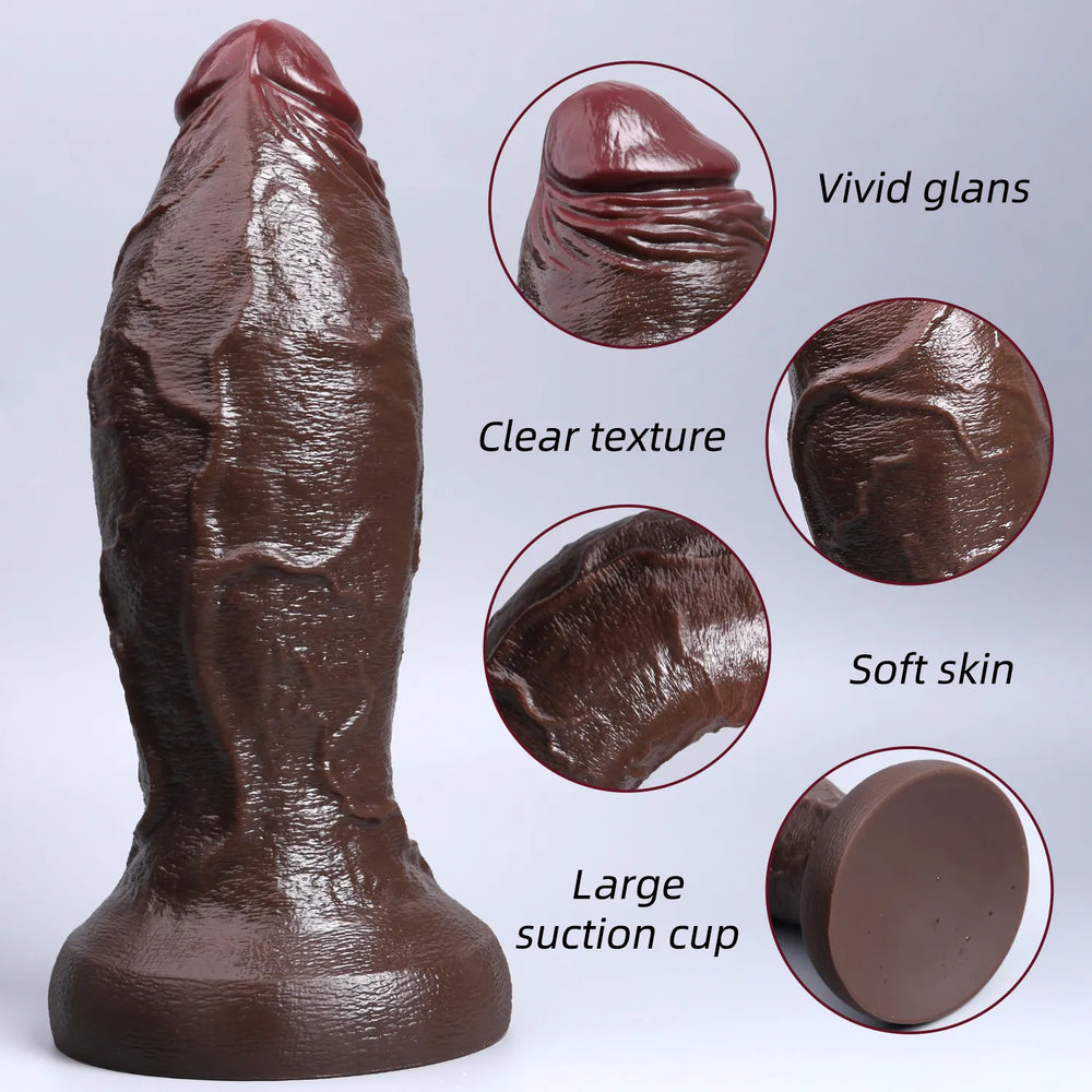 Side profile of the 11-inch brown silicone dildo highlighting its lifelike veins and natural upward curve