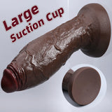 Smooth swollen flared suction base of the large brown realistic dildo for secure hands-free use