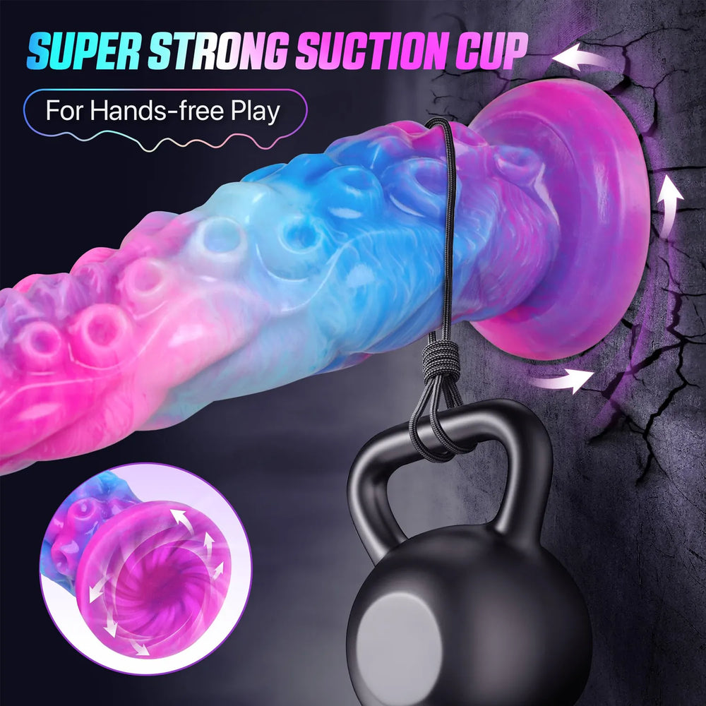 12 inch fantasy tentacle dildo with blue pink gradient and sculpted surface details
